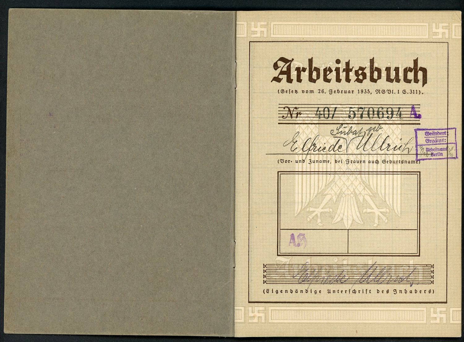 German Third Reich Arbeitsbuch Worker Record Book Female Worked For N. Israel Berlin