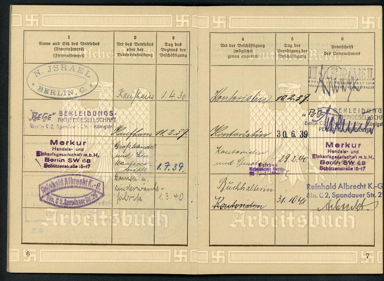 German Third Reich Arbeitsbuch Worker Record Book Female Worked For N. Israel Berlin