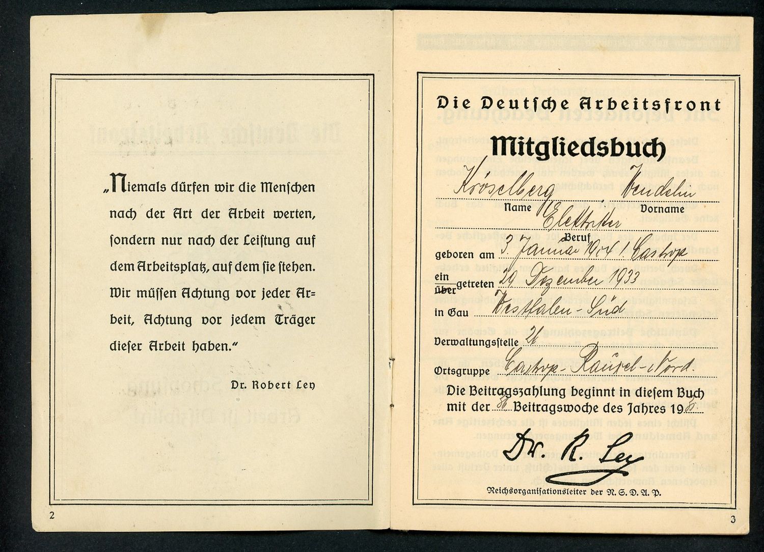German Third Reich DAF Membership Booklet With Swaz Dues Stamps From 1935 To 1944
