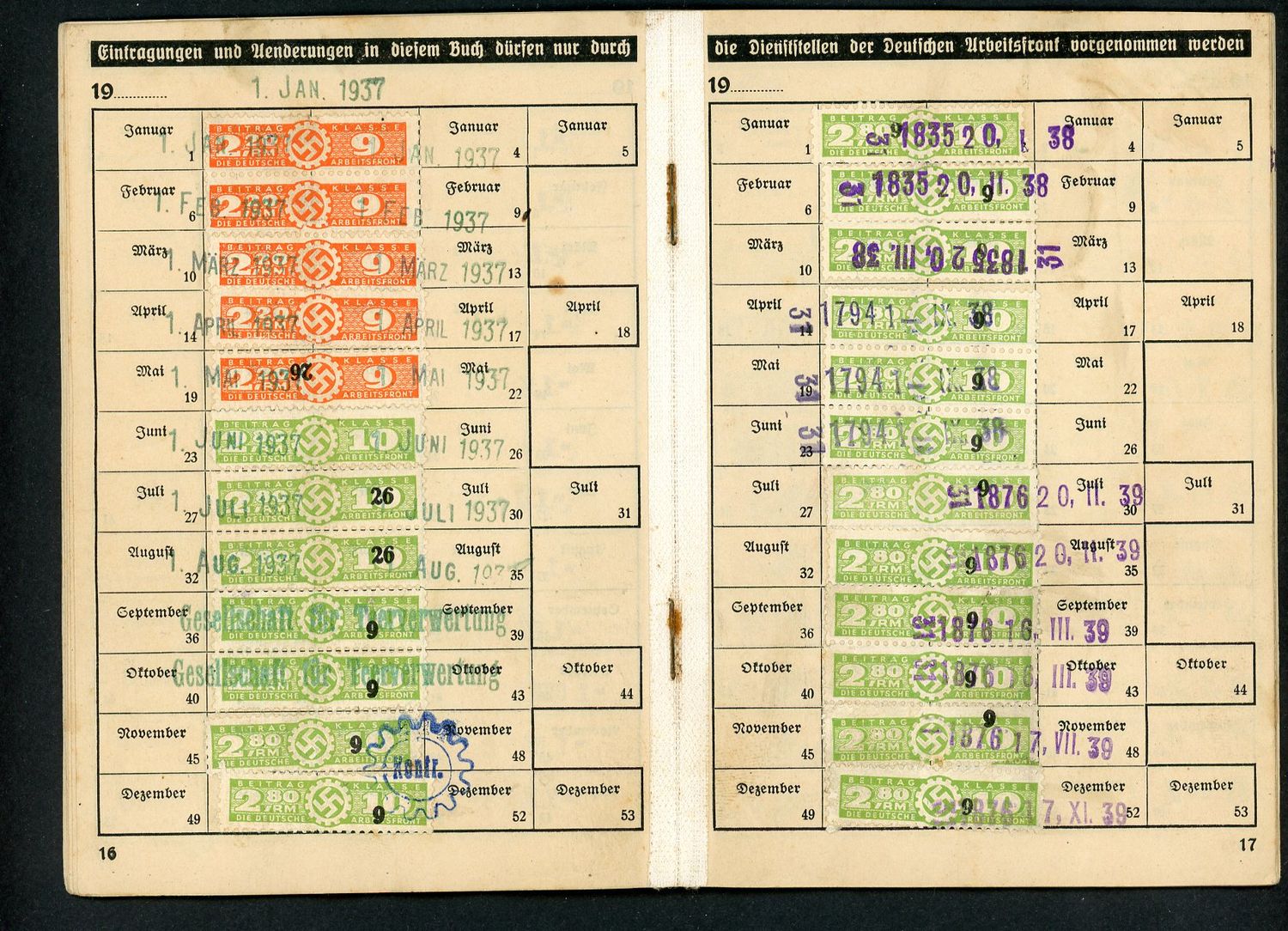 German Third Reich DAF Membership Booklet With Swaz Dues Stamps From 1935 To 1944