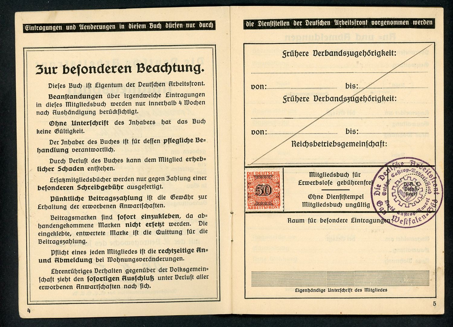 German Third Reich DAF Membership Booklet With Swaz Dues Stamps From 1935 To 1944