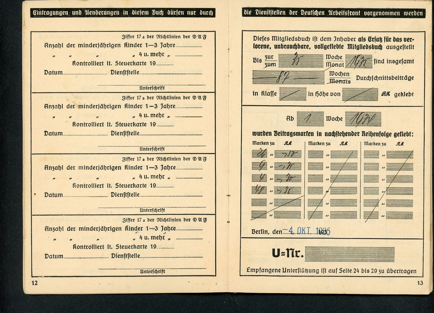 German Third Reich DAF Membership Booklet With Swaz Dues Stamps From 1935 To 1944