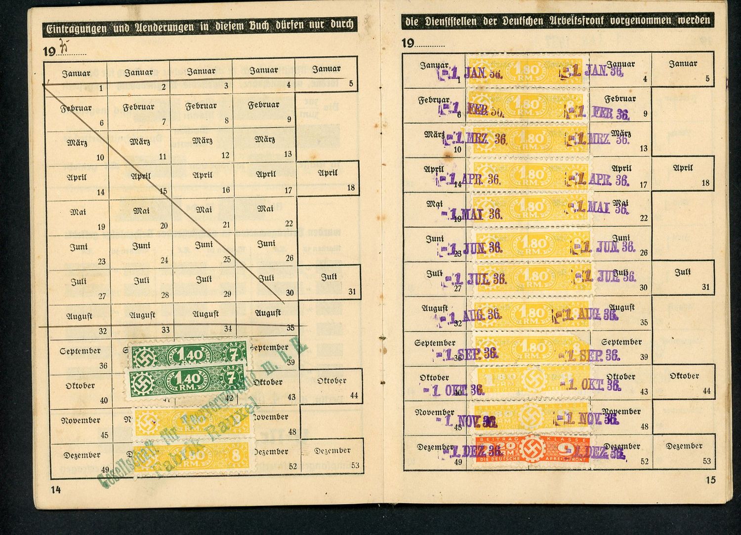 German Third Reich DAF Membership Booklet With Swaz Dues Stamps From 1935 To 1944