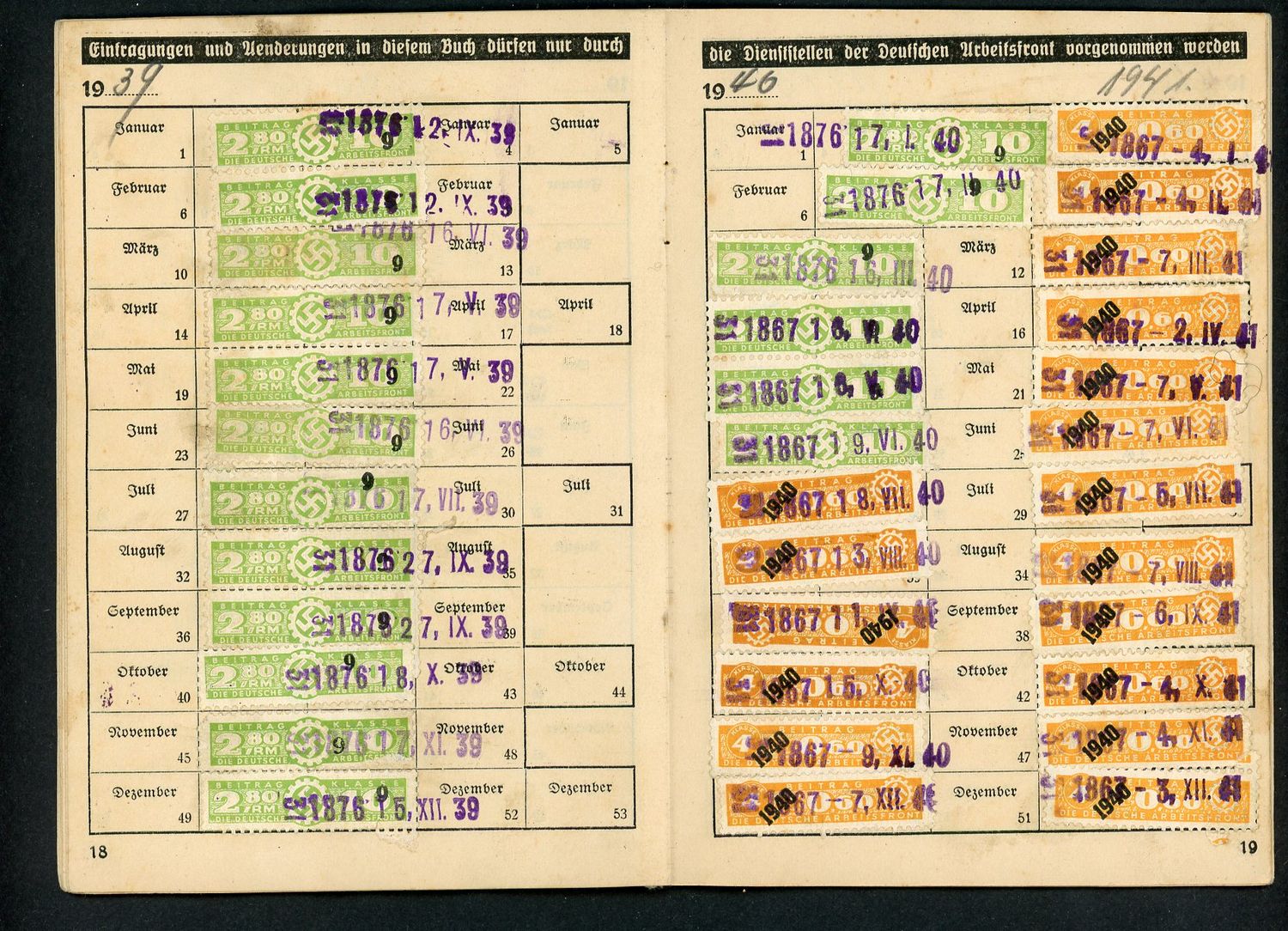 German Third Reich DAF Membership Booklet With Swaz Dues Stamps From 1935 To 1944