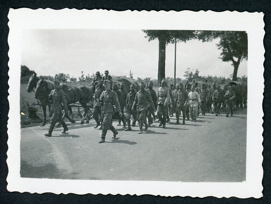 German WW2 Photo - French African Colonial Soldiers Being Marched To POW Camp By Wehrmacht Soldiers, France Campaign