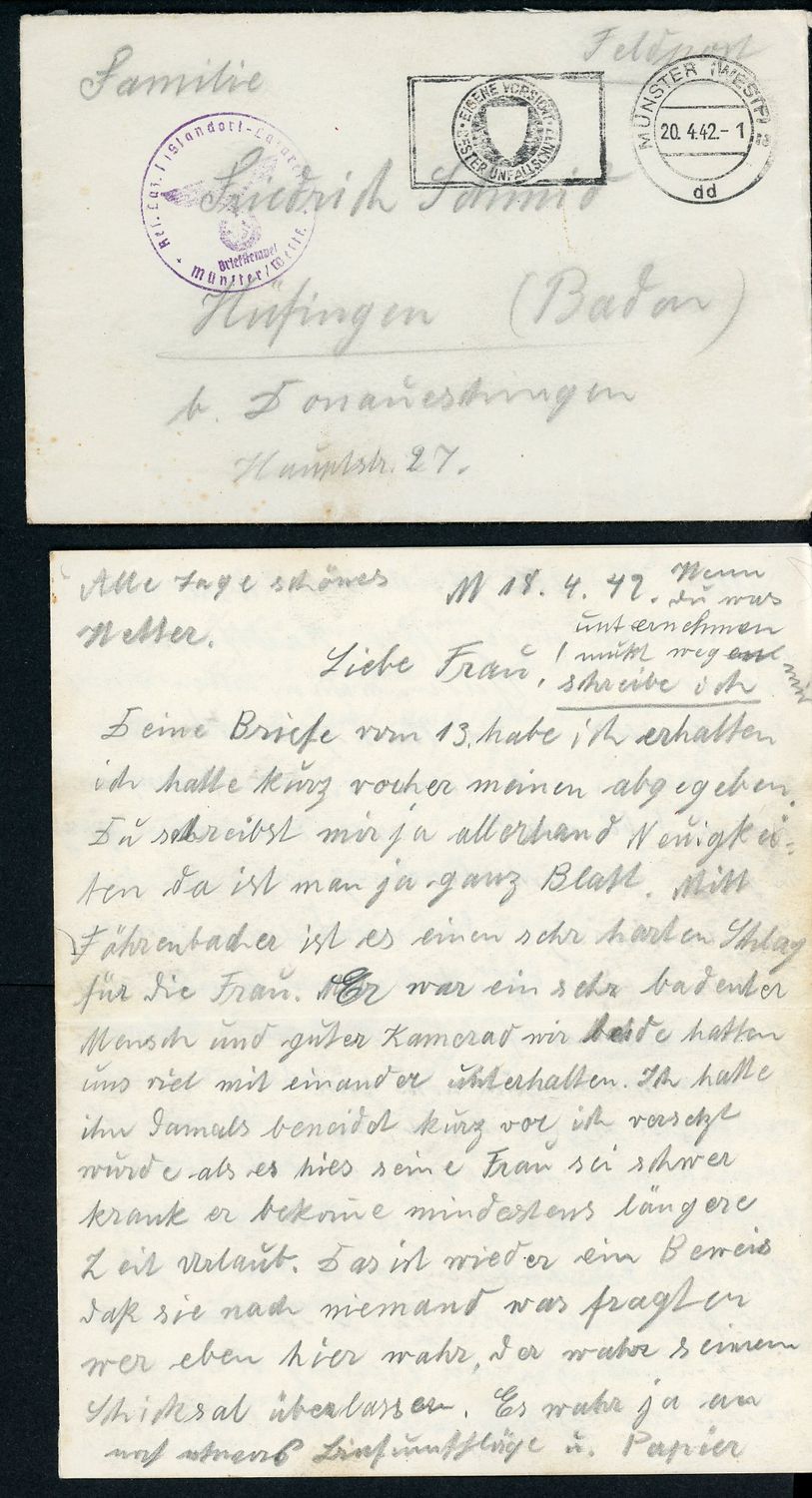 German WW2 Feldpost Letter From April 20th, 1942 - Talks About Russians Attacking, Dead German Soldiers From WW1 and WW2 From Rhein Westphalia