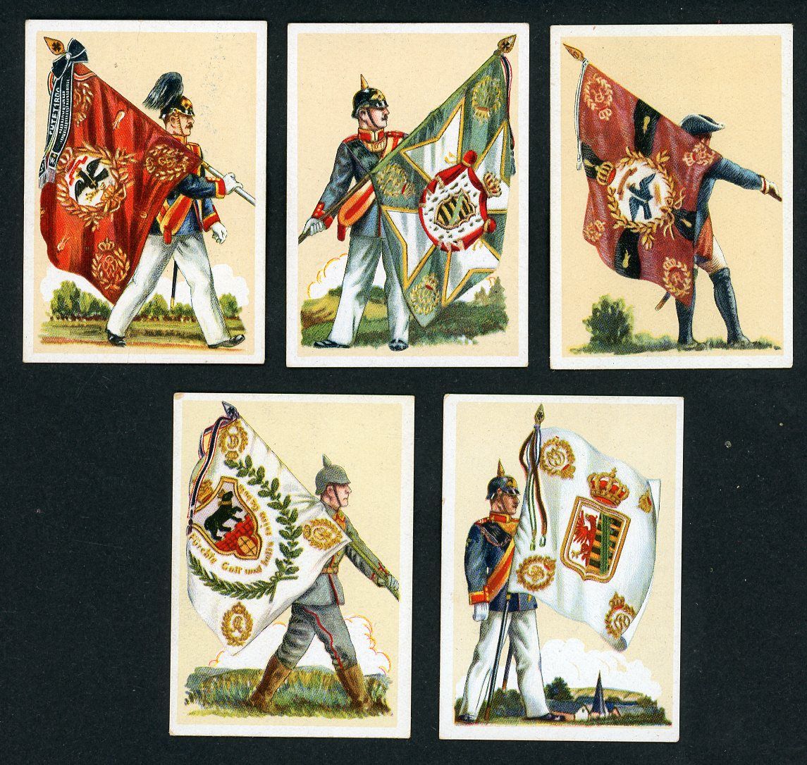 Lot of 5 Imperial German Cigarette Cards Featuring Regimental Flags &amp; Soldiers In Helmets, Made During Third Reich Era