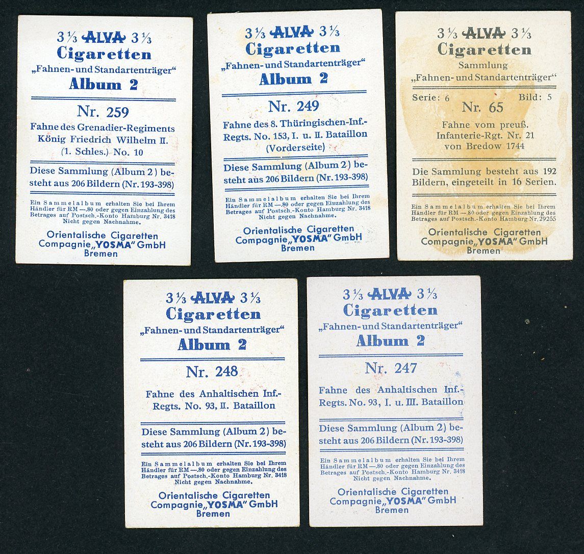 Lot of 5 Imperial German Cigarette Cards Featuring Regimental Flags &amp; Soldiers In Helmets, Made During Third Reich Era