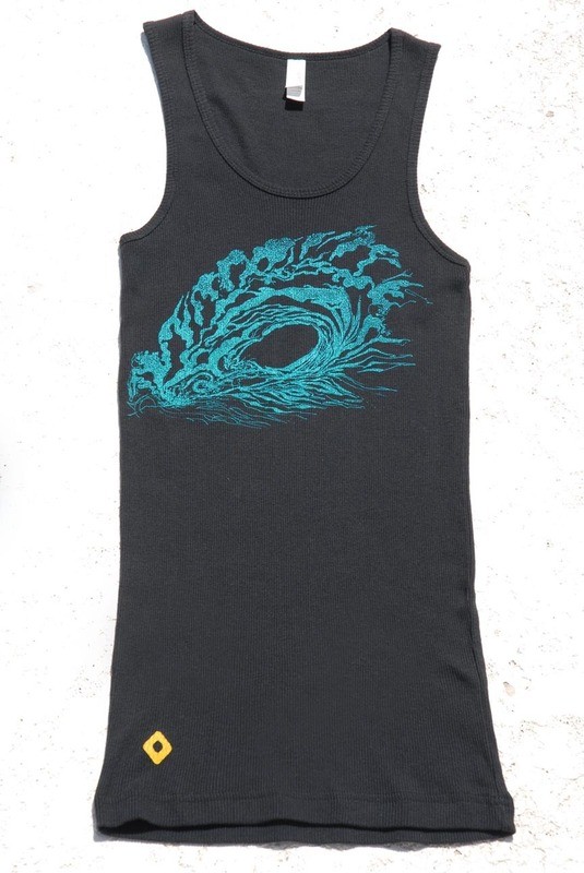 Spiritual women's cotton 2x1 black tank silk screened wave art