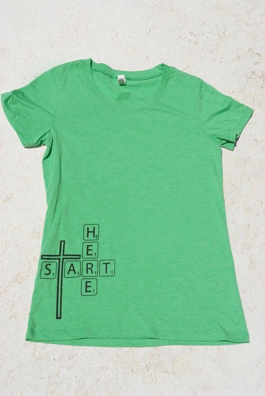 Spiritual women's cotton t shirt soft crew, green silk screened, Start Here art