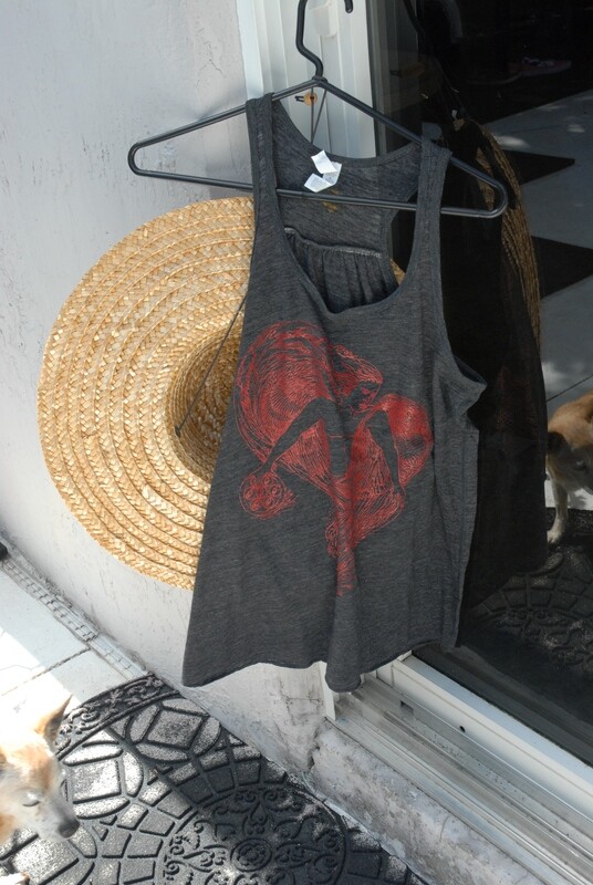 Women's Flowy t back Archangel Raphael line art Red on Charcoal