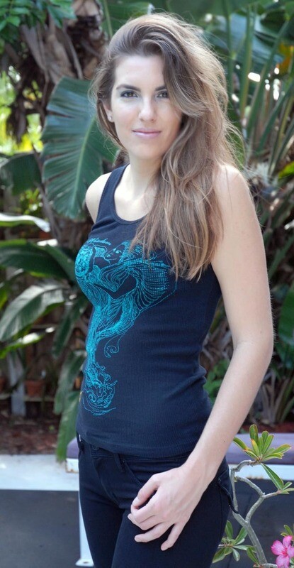 Women's black t back tank with wisdom woman art silk screened in turquoisw