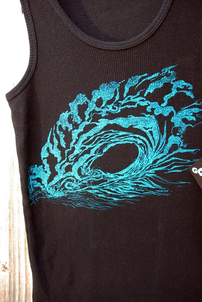 Men's 2x1" tank black with turquoise wave art by Lisa Hornor, size: small