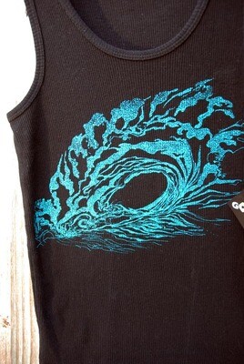 Men's 2x1" tank black with turquoise wave art by Lisa Hornor