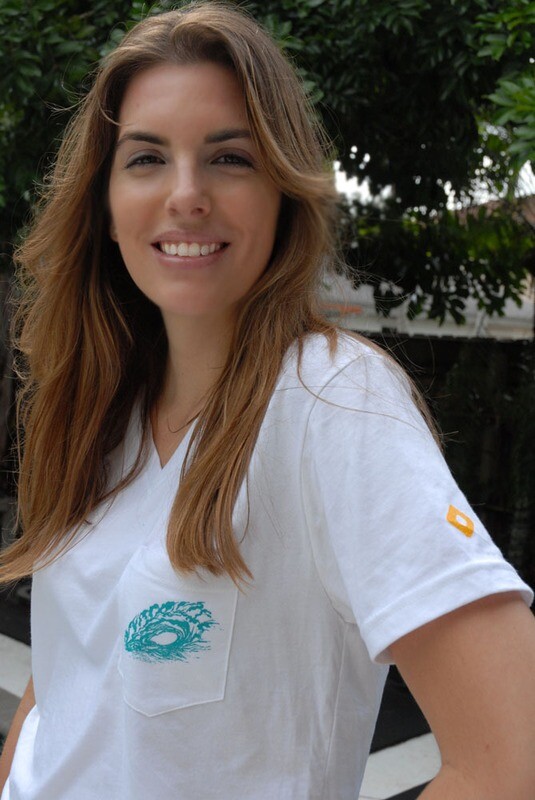 Men's white v neck wave art on pocket in turquoise