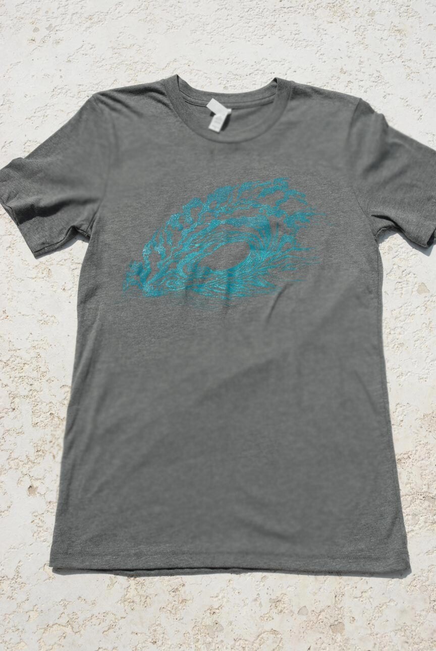 Mens Wave Art Stipple by Lisa Hornor Grey and Turquoise T Shirt, size: xxlarge