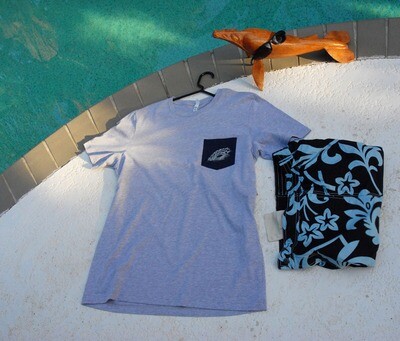 Men's pocket t shirt in Ash grey and navy pocket with silver wave art