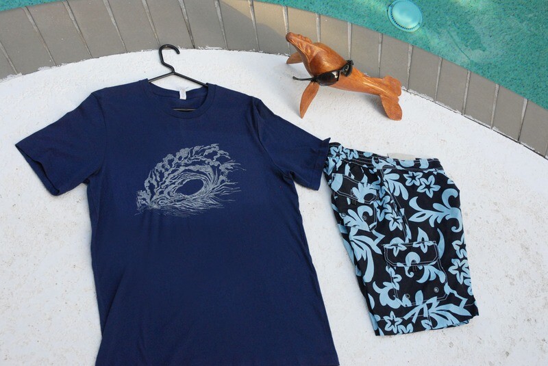 Mens Wave Art Stipple by Lisa Hornor in Silver on Navy T Shirt