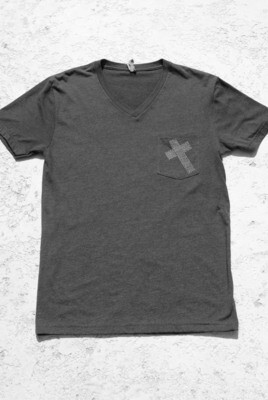 Men's t shirt v neck in dark grey with black cross art