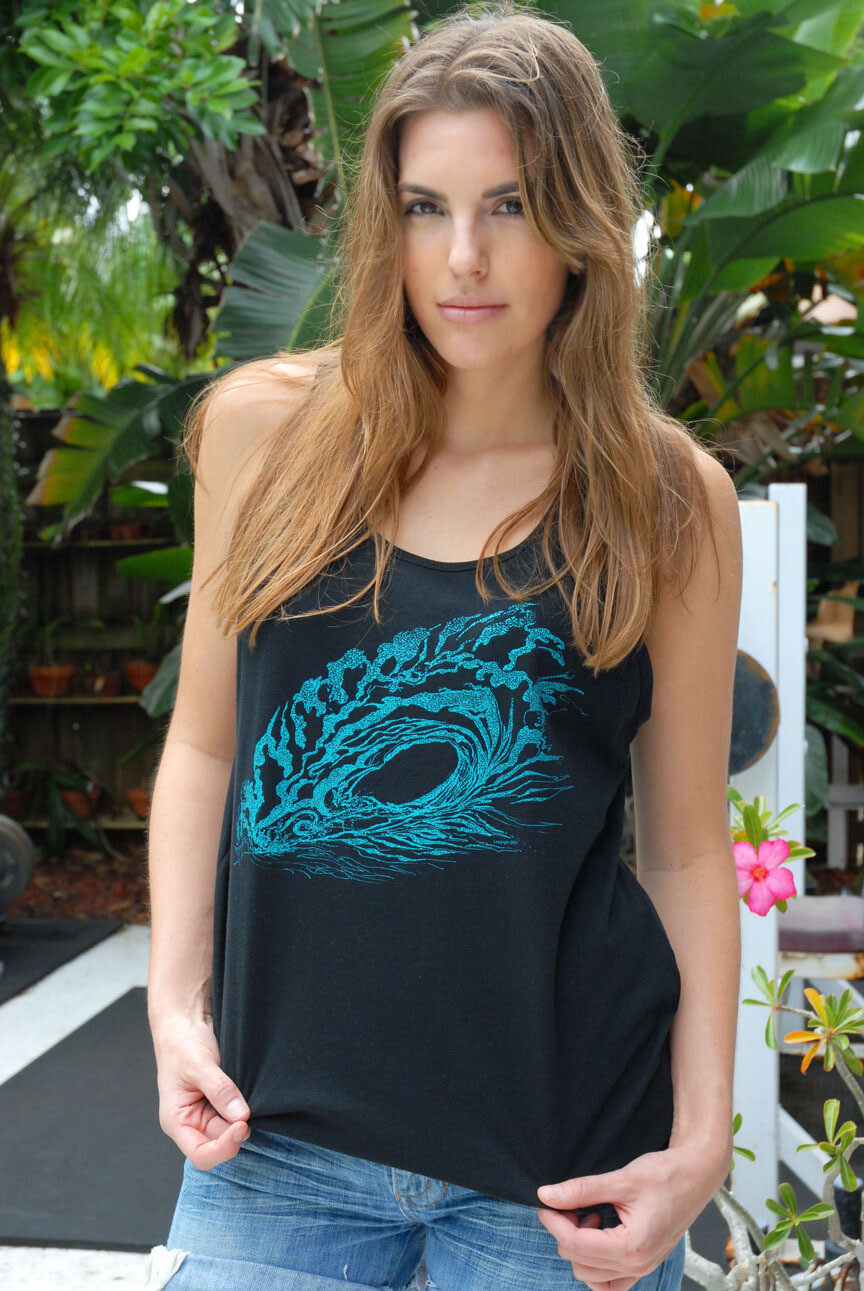 Spiritual SurfWear unisex cotton tank non ribbed black and turquoise wave art