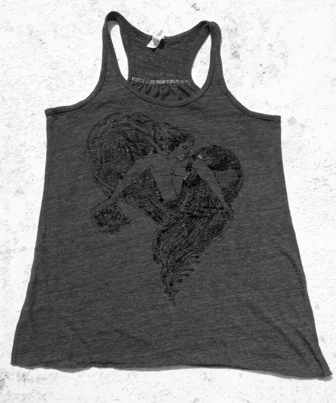 Women's Flowy t back Archangel Raphael line art Black on Charcoal