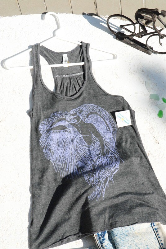Women's Flowy t back Archangel Gabriel silk screened in violet on charcoal