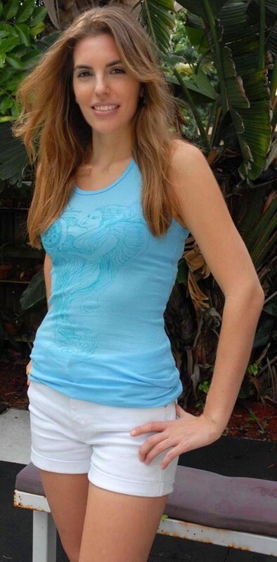 Women's Wisdom T Back Tank in blue with turquoise art