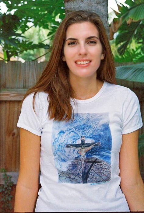 American Apparel T Shirt White with Jesus In Wave Painting Silk Screened