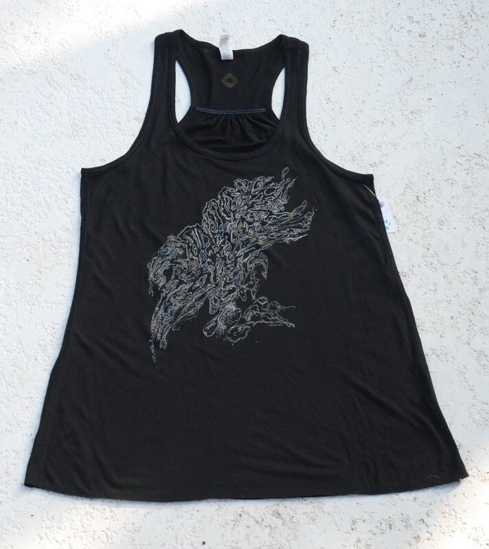 AWay Art in Silver on Black T Back Flowy Tank