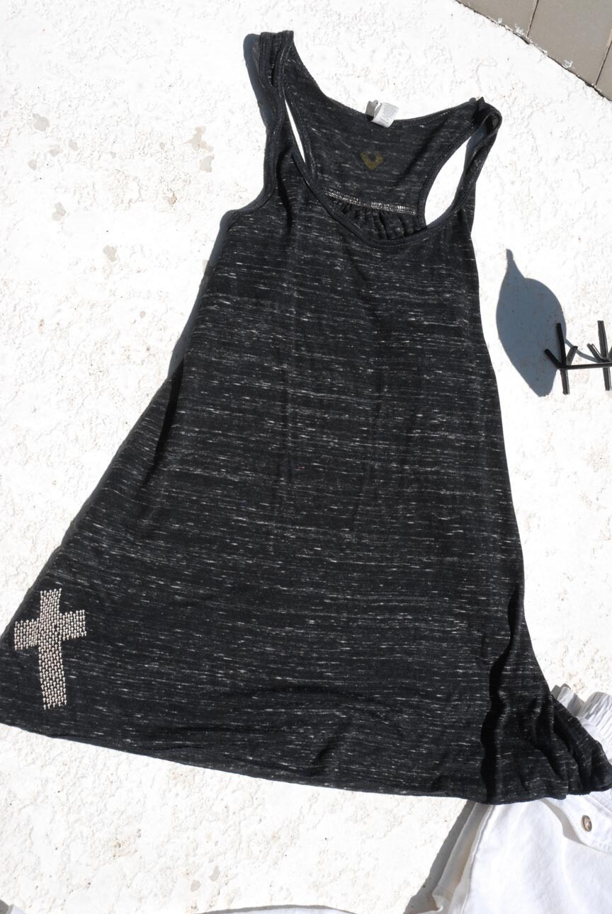 Women's Black Heather Triblend Flowy T back Tank with small cross in white