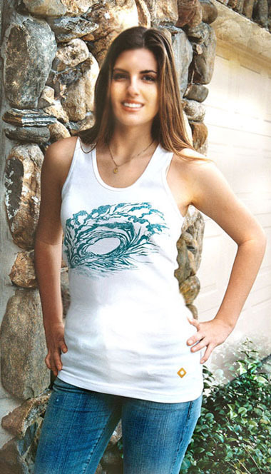 WAVE ART, turqoise on white 2x1" ribbed tank unisex