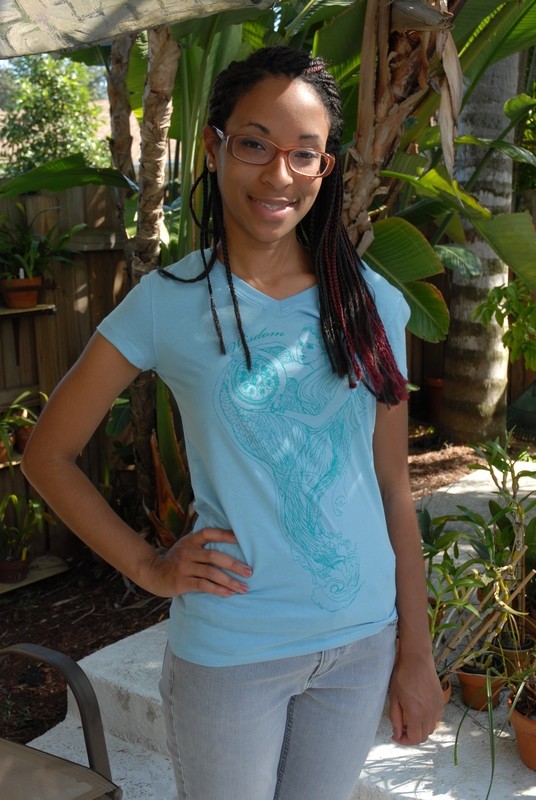 Wisdom art turquoise on light blue v neck t shirt