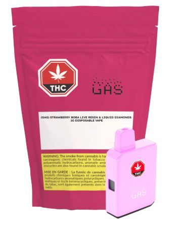 (GAS) - Strawberry Boba Live Resin &amp; Liquid Diamonds Disposable Vape [1g Sativa]
