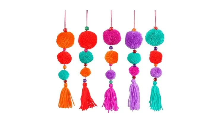 Ornament pom pon oranje fuchsia paars rood groen 5 assorti - h27xd6cm