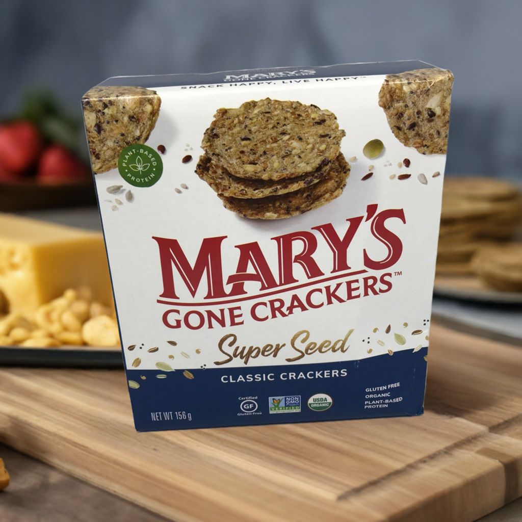 Mary&#39;s Gone Crackers Super Seed Crackers. Ideal for topping with your favourite cheeses, Avocado, Tomato or use as a dipper.