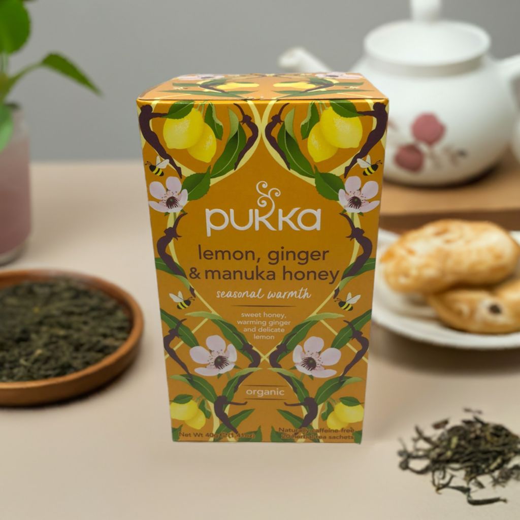 PUKKA LEMON, GINGER &amp; MANUKA HONEY TEA - BUY 3 PACKS OF ANY PUKKA TEA GET A FREE PUKKA MUG! 20 Herbal Tea Sachets. Naturally Caffeine Free.