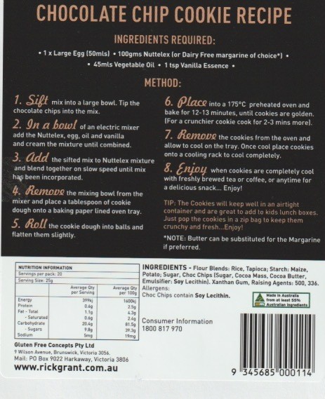 Gluten Free Choc Chip Cookie Mix - Gluten Free and Fodmap Friendly. Makes 20 cookies.