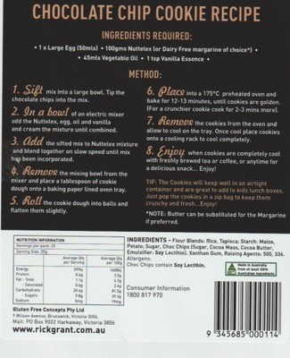 Gluten Free Choc Chip Cookie Mix - Gluten Free and Fodmap Friendly. Makes 20 cookies.