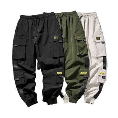 asual Hip Hop Pocket Male Trousers Sweatpants Streetwear Ribbons Techwear Pants
