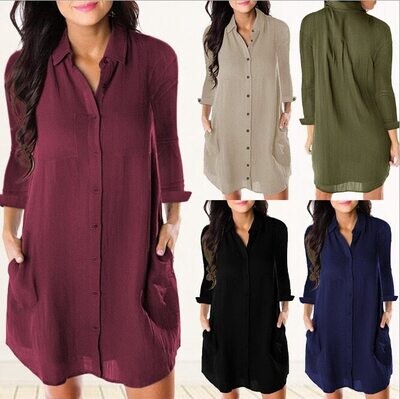 Loose Solid Dresses Turn Down Casual Ladies Office Shirt Dresses