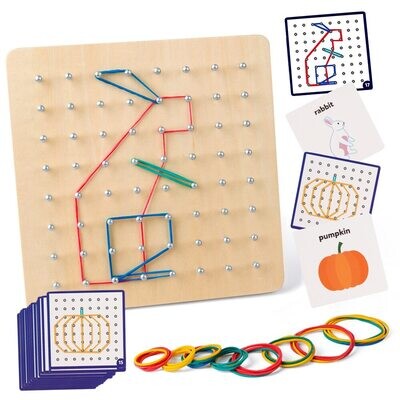 Geoboard Mathematical Manipulative Block-30Pcs Pattern Cards Geo Board with Rubber Bands STEM Puzzle for Kids