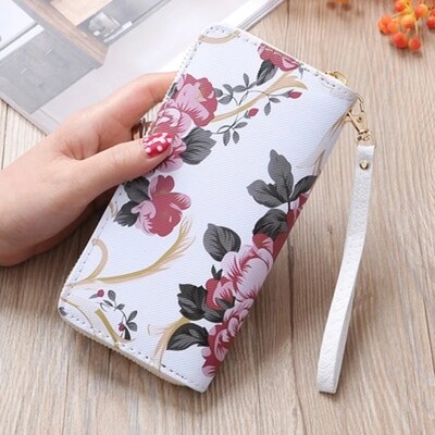 Womens Rose Print Wallet Long Handbag Fashion Wild Zipper Clutch Bag Multi Card Holder Purse