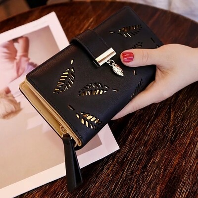 Women PU Leather Wallet Purse Gold Hollow Leaves Purse