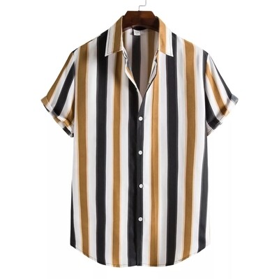 Summer Mens Hawaiian short sleeve work Shirt striped print Casual