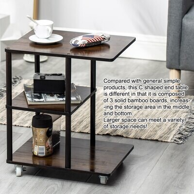 Rolling Sofa Side Table, Bamboo End Table with Wheels, Mobile Snack Coffee Table with 3-Tier Storage Shelves for Living Room