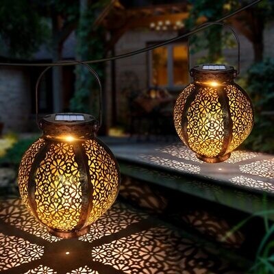 Solar Lanterns Retro Hollow Solar Lights with Handle Outdoor Solar Garden Lights Decor for Yard Tree Fence Patio Bronze
