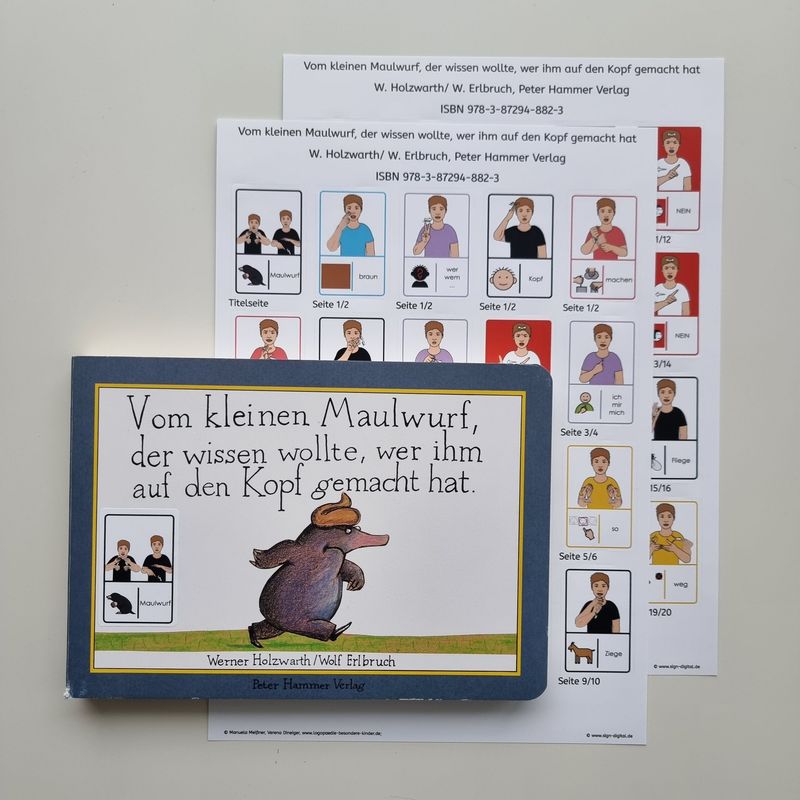 Vom kleinen Maulwurf, der wissen wollte, wer ihm auf dem Kopf gemacht hat: Gebärdenaufkleber