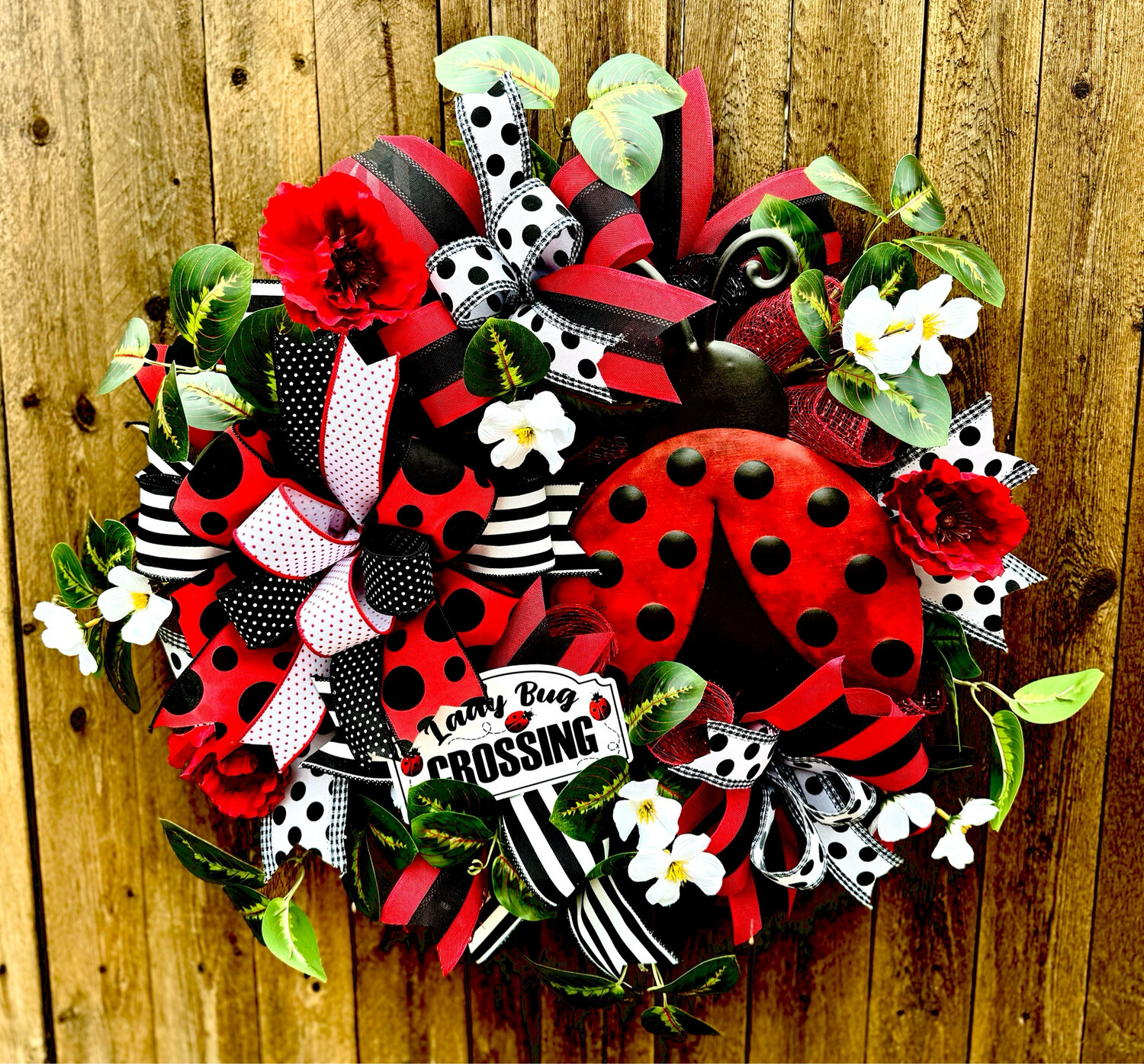 Lady Bug Crossing Wreath, Spring Wreath,