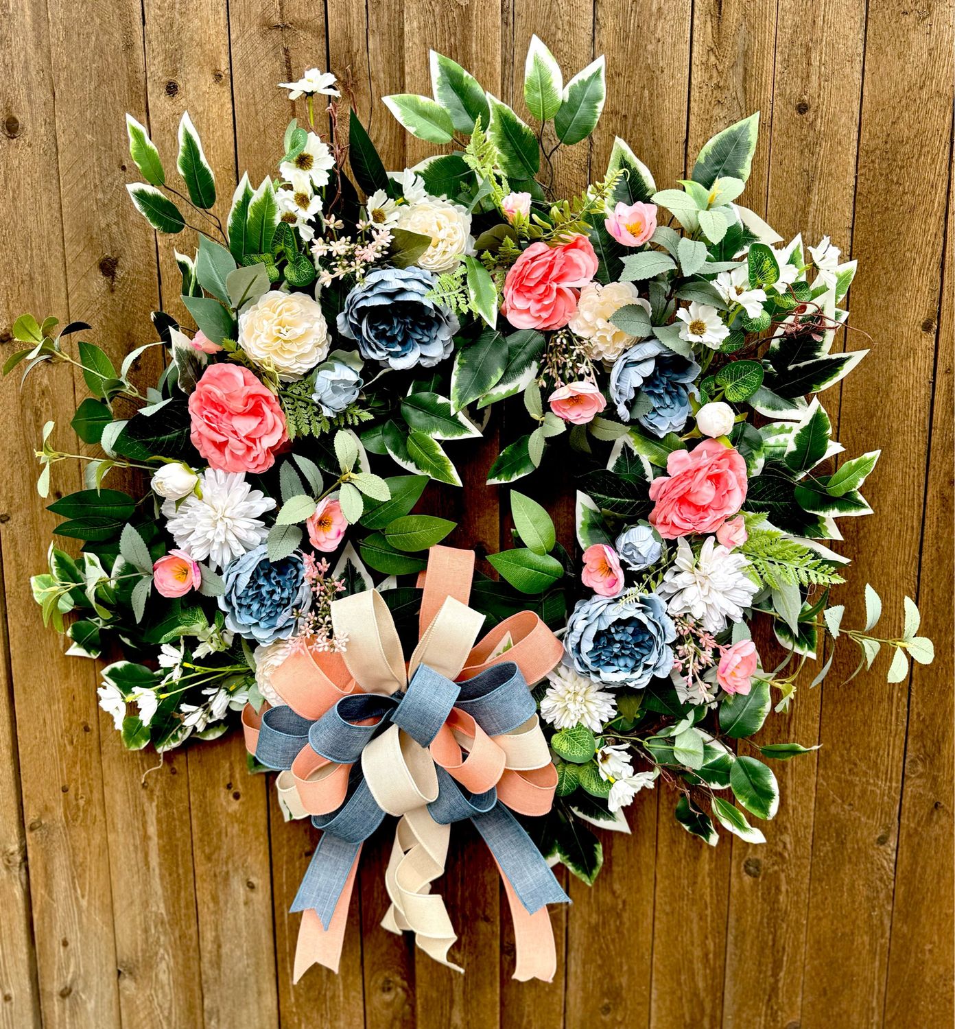 Vintage Blue &amp; Peach Floral Everyday Wreath