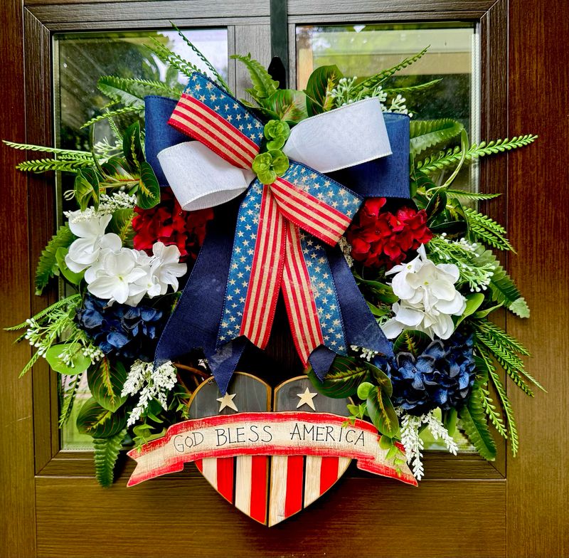 “God bless America” Patriotic Wreath With Hydrangeas